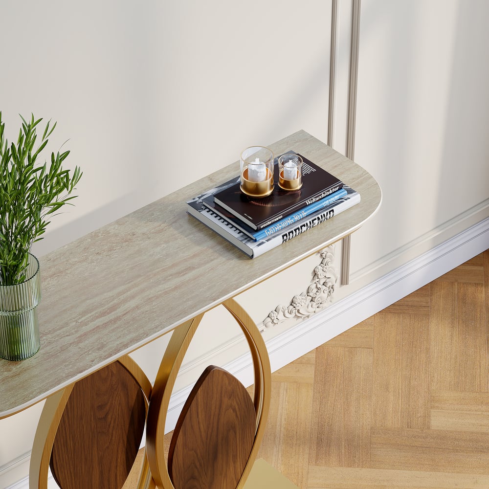 Table console Duo 1000 mm, table d'appoint moderne pour entrée avec dessus en travertin mat image de fenêtre