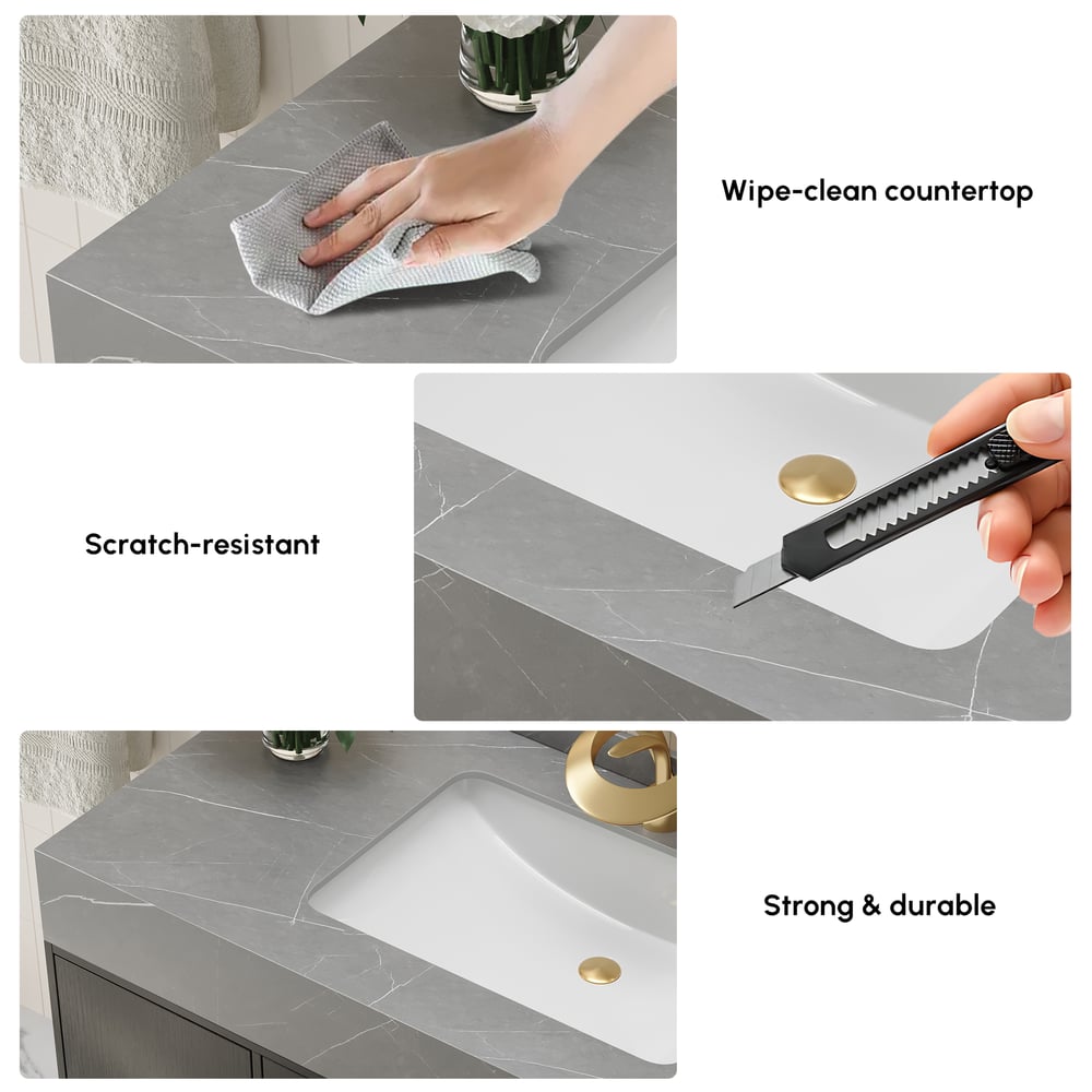 1000mm Freestanding Black Bathroom Vanity, Sintered Stone Countertop & Gold Handles window image