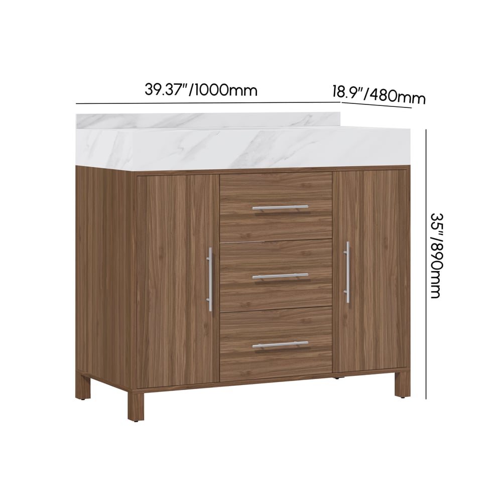 1000mm Walnut Freestanding Bathroom Vanity Sintered Stone Top & Silver Handles weights dimensions image