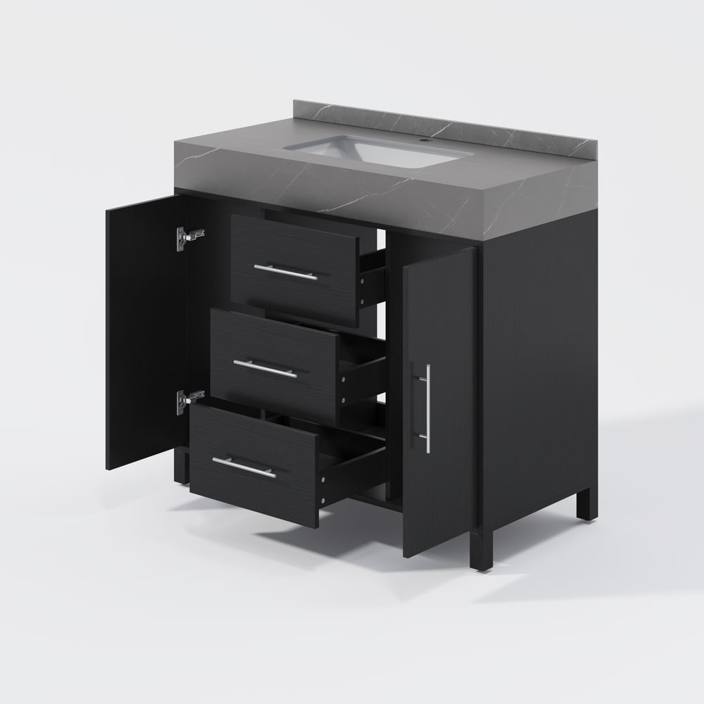 1000mm Freestanding Black Bathroom Vanity, Sintered Stone Countertop & Silver Handles window image