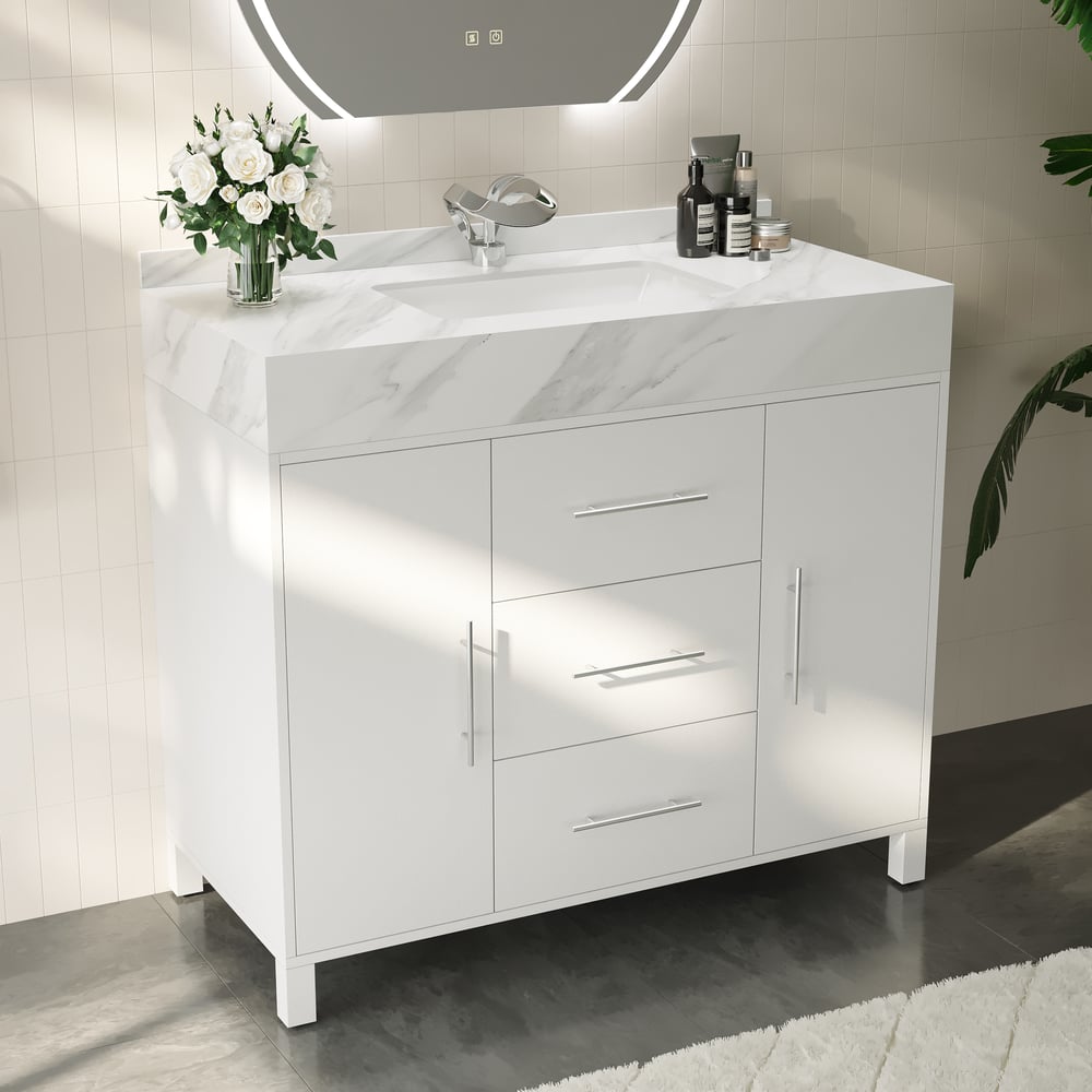 1000mm Freestanding White Bathroom Vanity, Sintered Stone Countertop & Silver Handles window image