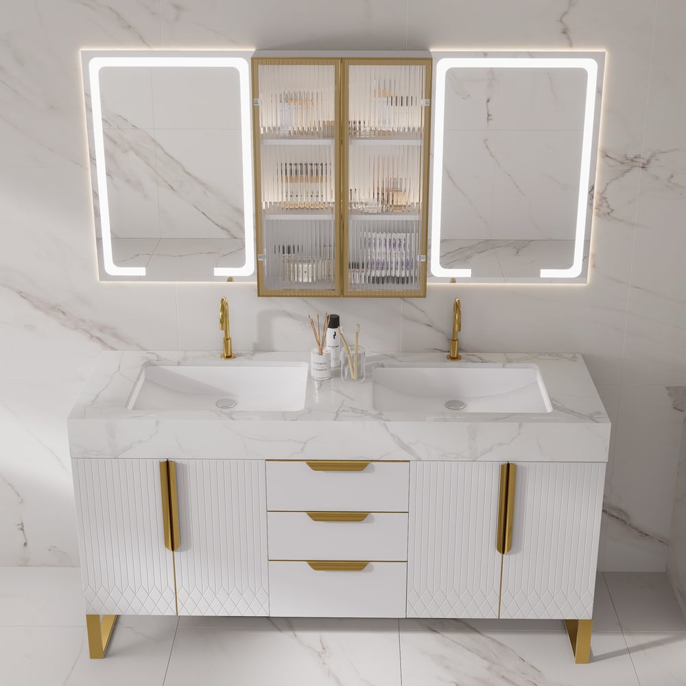 Ensemble de vanité autoportant à double évier de 1500 mm avec armoire à pharmacie LED avec rangement image de fenêtre