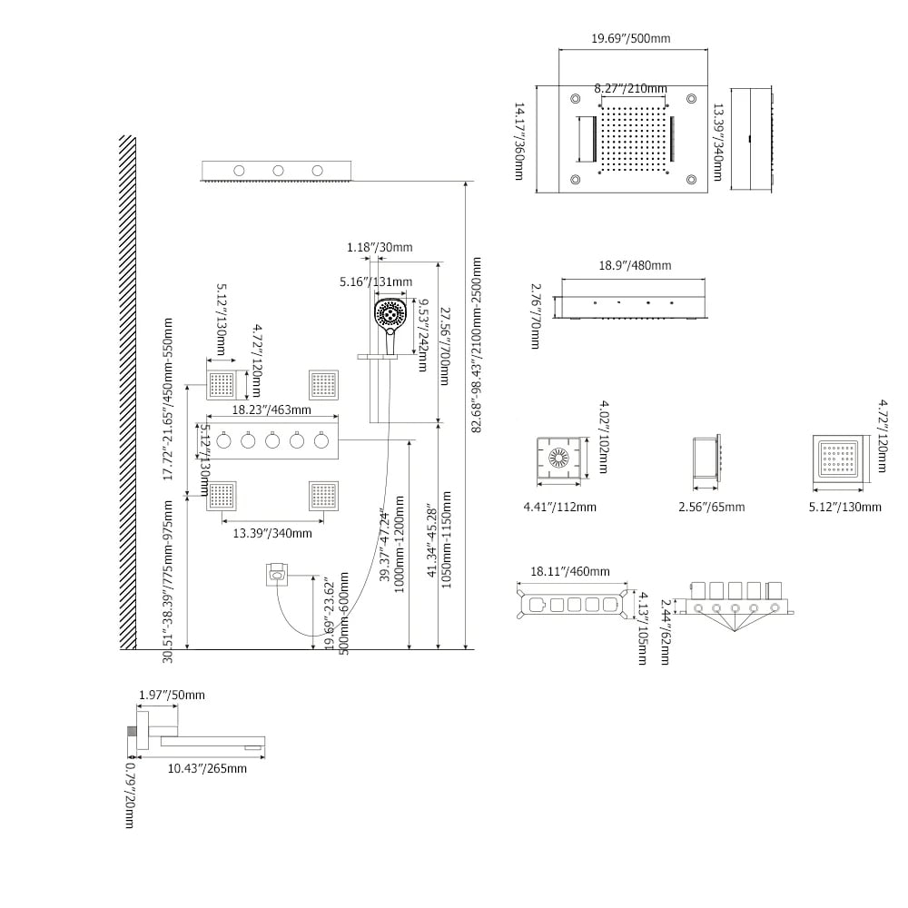 20" LED Rainfall Shower System in Brushed Gold with Multi-Function Ceiling Showerhead weights dimensions image