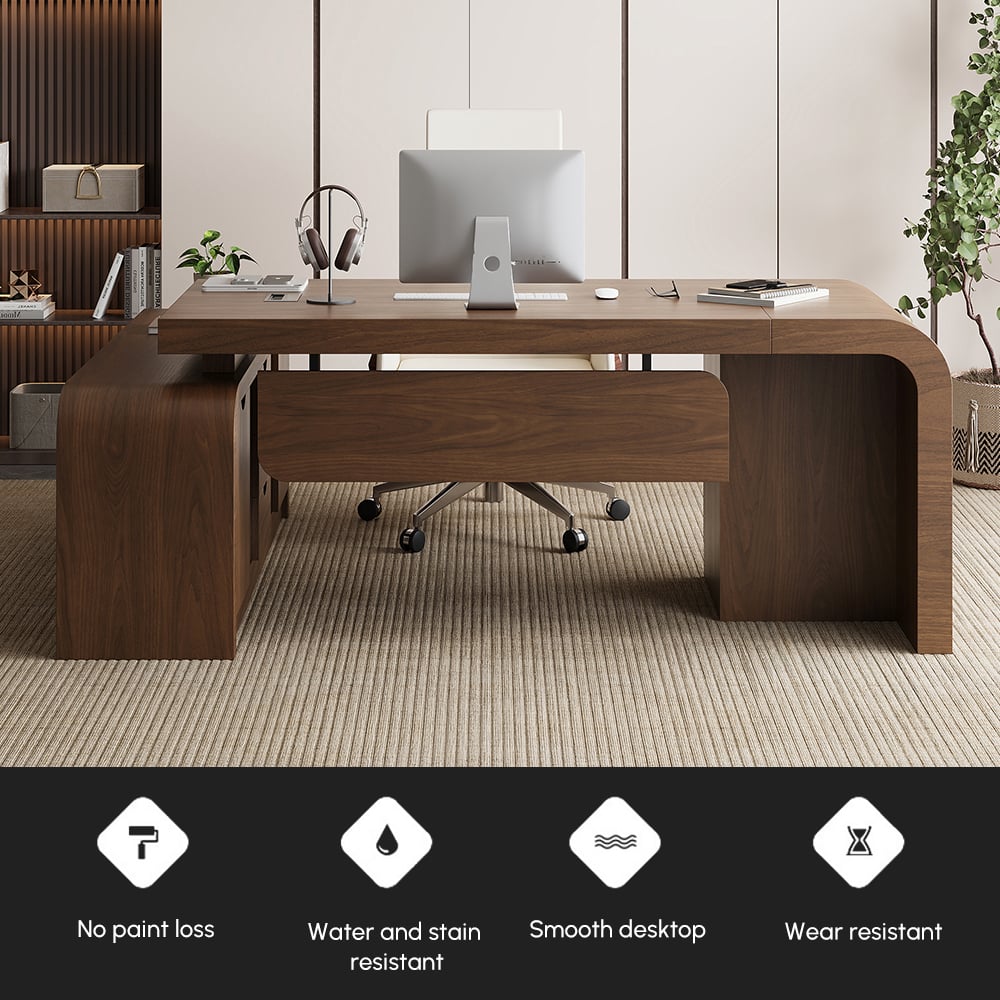 Bureau exécutif moderne en forme de L en noyer Chicent avec un grand espace de rangement pour la main droite (1800 mm) image de fenêtre