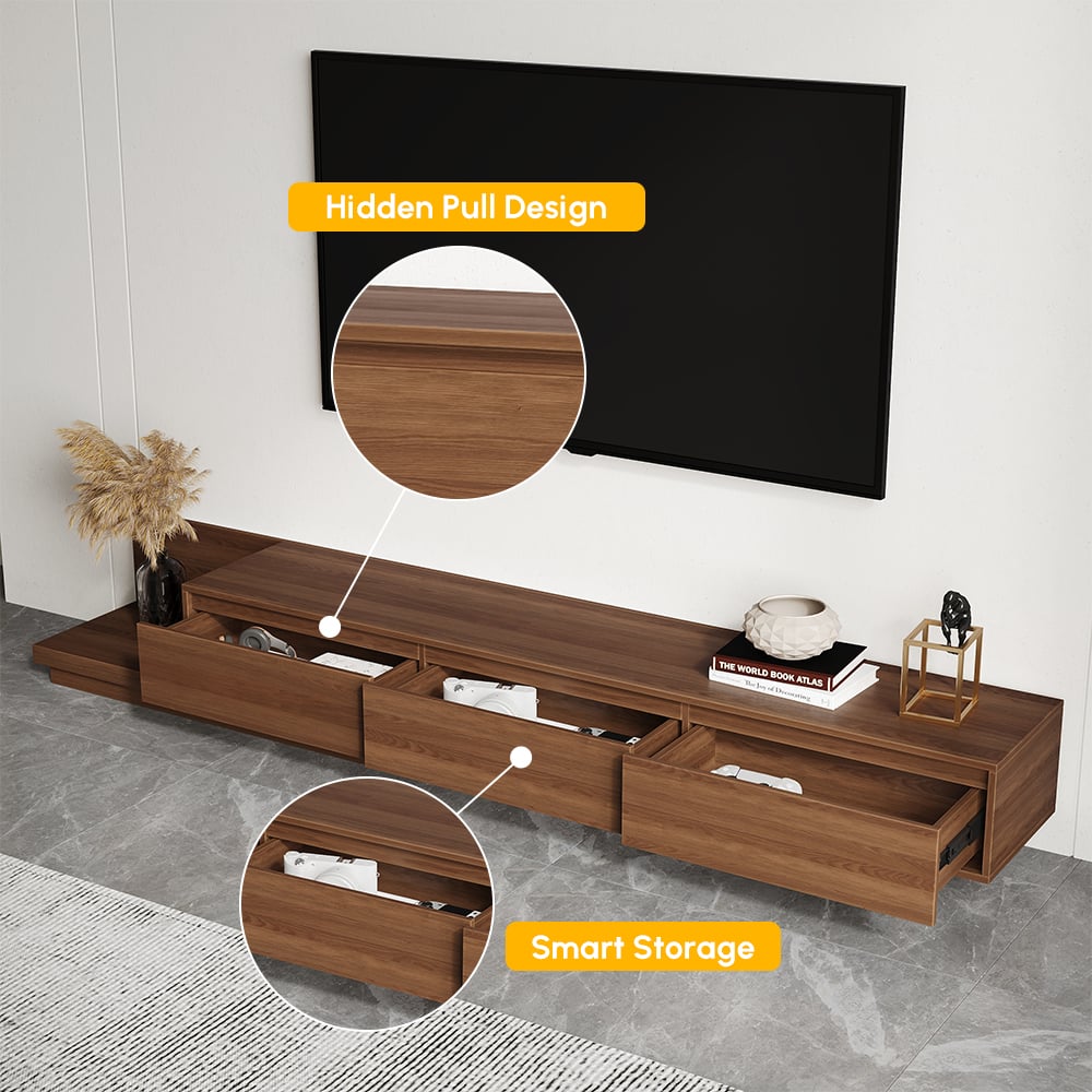 Meuble TV extensible Fero en noyer avec 3 tiroirs (2 000 mm à 3 600 mm) image de fenêtre