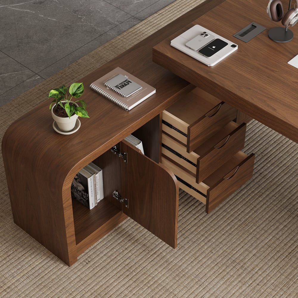 Bureau d'ordinateur moderne en forme de L en noyer Chicent avec armoire gauche (1800 mm) image de fenêtre