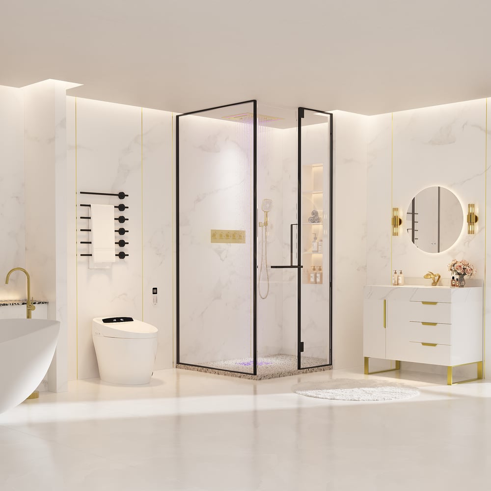 20" LED Rainfall Shower System in Brushed Gold with Multi-Function Ceiling Showerhead window image