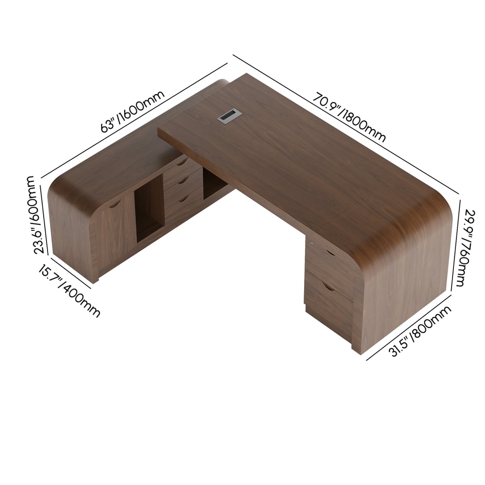 Bureau d'ordinateur moderne en forme de L en noyer Chicent avec armoire gauche (1800 mm) Poids, dimensions, image