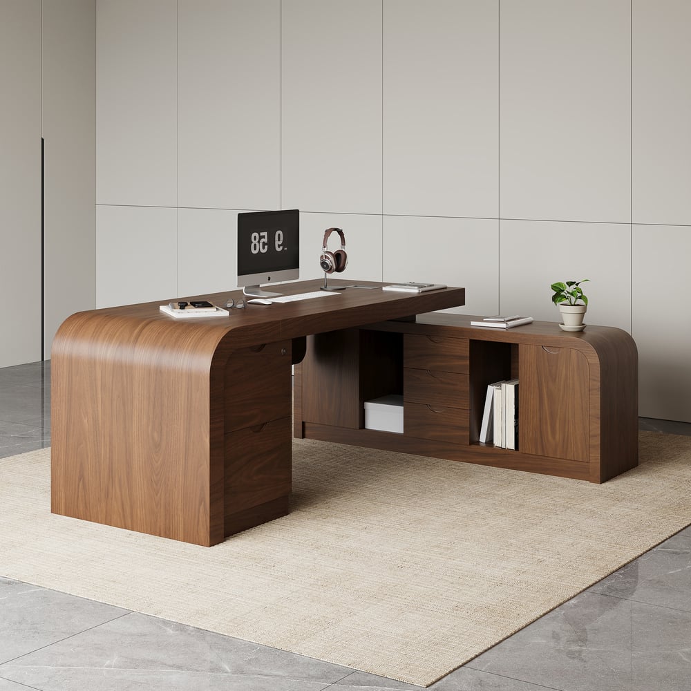 Bureau exécutif moderne en forme de L en noyer Chicent avec un grand espace de rangement pour la main droite (1800 mm) image de fenêtre