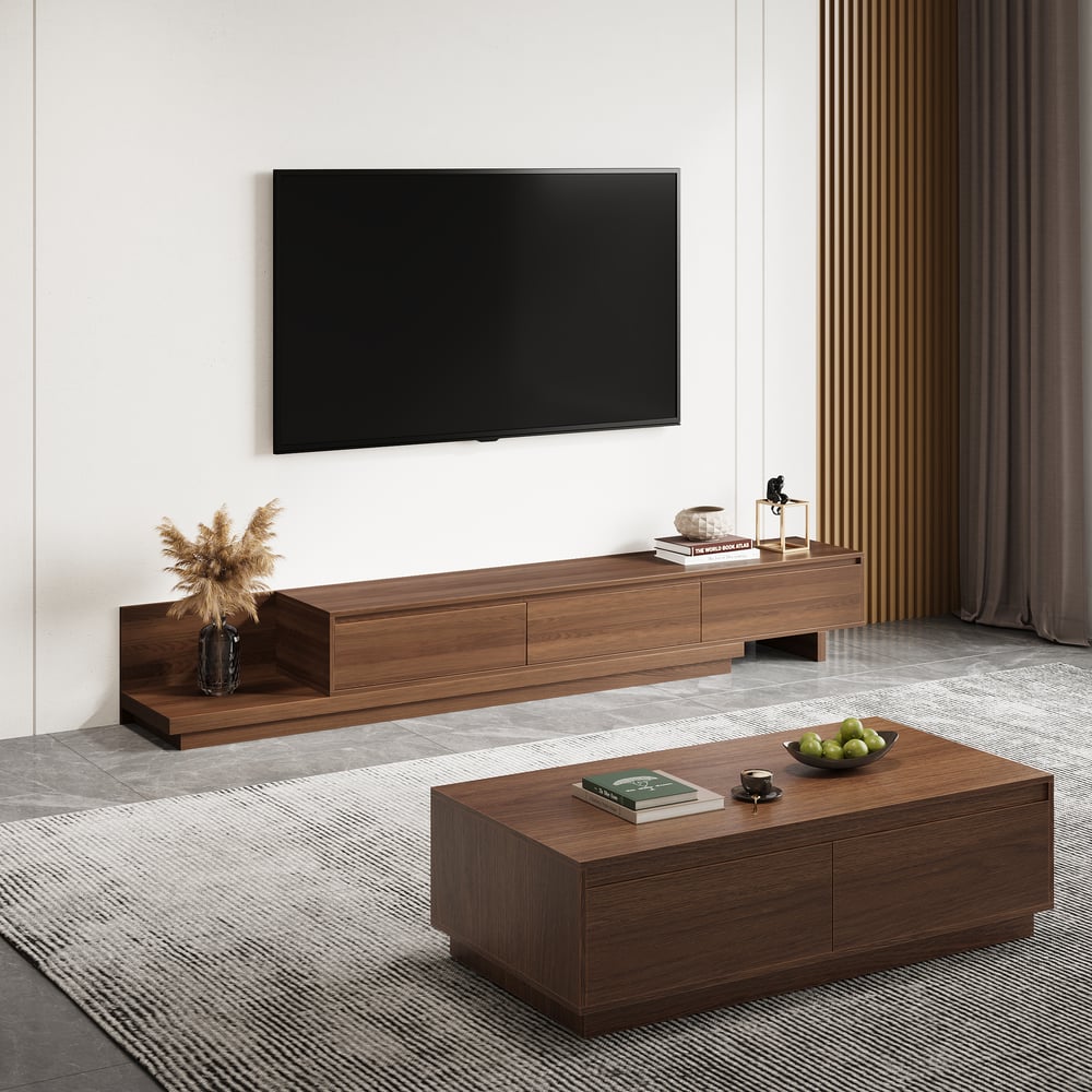 Meuble TV extensible Fero en noyer avec 3 tiroirs (2 000 mm à 3 600 mm) image de fenêtre