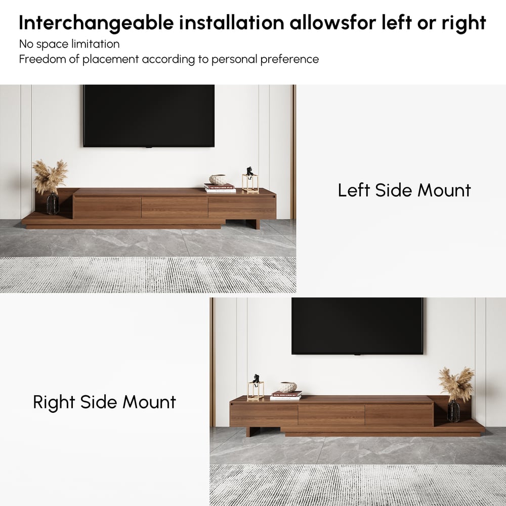 Meuble TV extensible Fero en noyer avec 3 tiroirs (2 000 mm à 3 600 mm) image de fenêtre