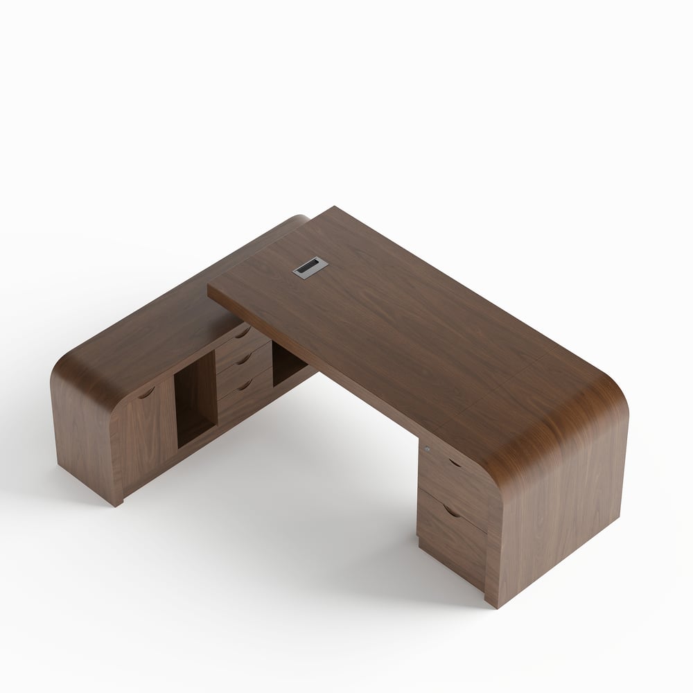 Bureau d'ordinateur moderne en forme de L en noyer Chicent avec armoire gauche (1800 mm) image de fenêtre