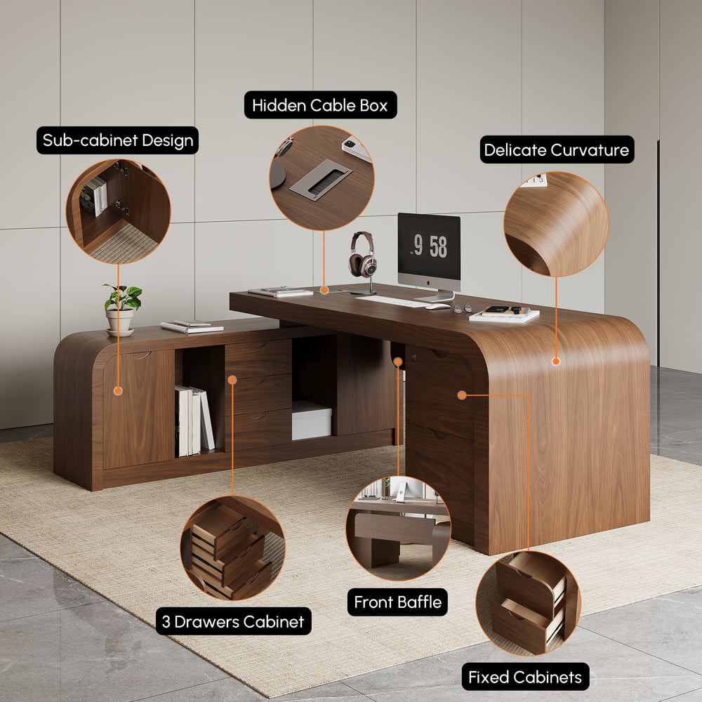 Bureau d'ordinateur moderne en forme de L en noyer Chicent avec armoire gauche (1800 mm) image de fenêtre