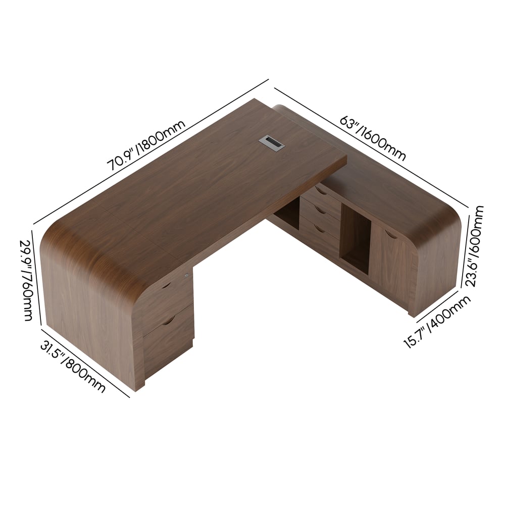 Bureau exécutif moderne en forme de L en noyer Chicent avec un grand espace de rangement pour la main droite (1800 mm) Poids, dimensions, image