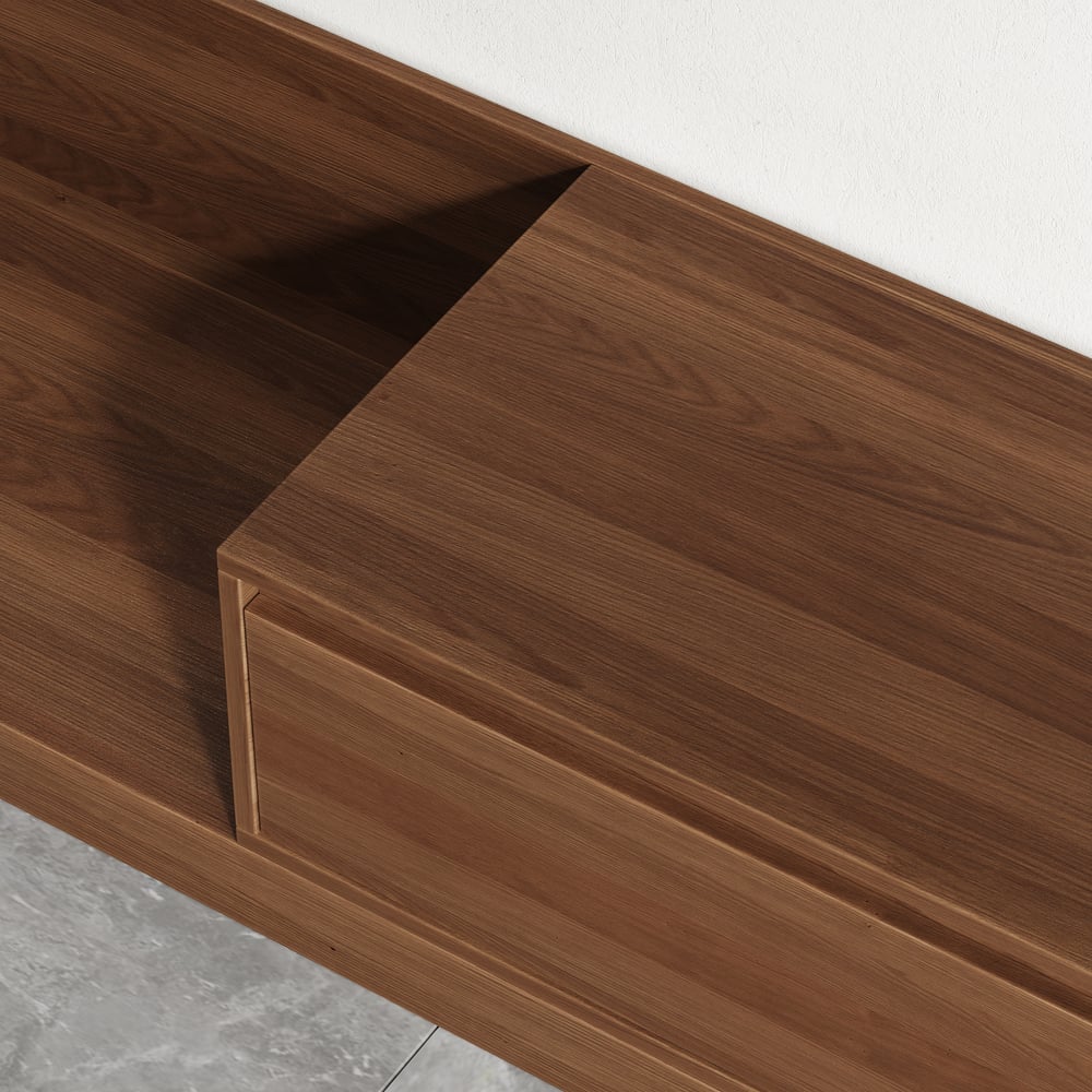 Meuble TV extensible Fero en noyer avec 3 tiroirs (2 000 mm à 3 600 mm) image de fenêtre