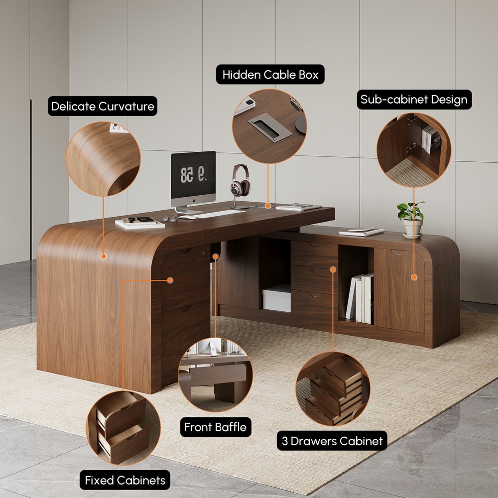 Bureau exécutif moderne en forme de L en noyer Chicent avec un grand espace de rangement pour la main droite (1800 mm) image de fenêtre