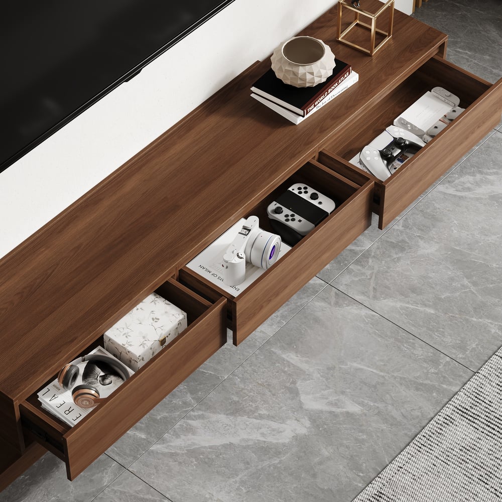 Meuble TV extensible Fero en noyer avec 3 tiroirs (2 000 mm à 3 600 mm) image de fenêtre