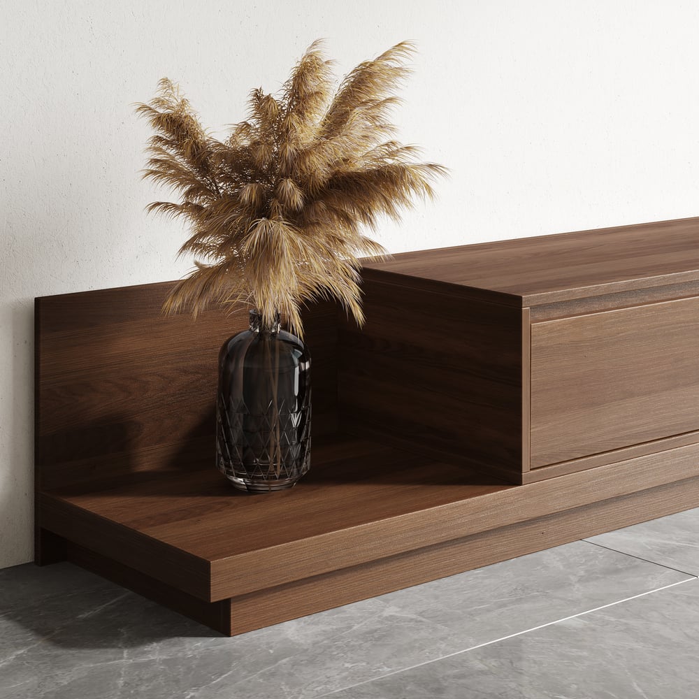 Meuble TV extensible Fero en noyer avec 3 tiroirs (2 000 mm à 3 600 mm) image de fenêtre