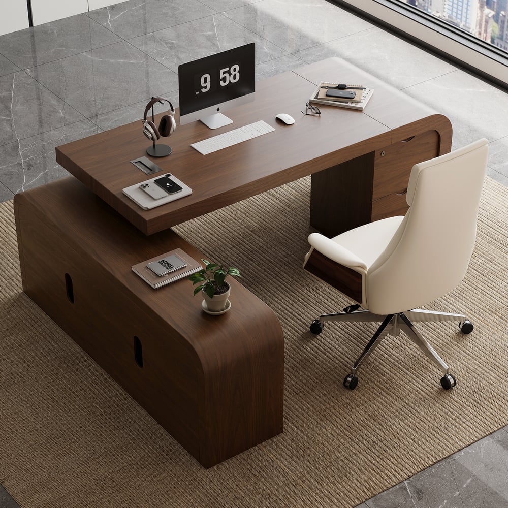 Bureau d'ordinateur moderne en forme de L en noyer Chicent avec armoire gauche (1800 mm) image de fenêtre