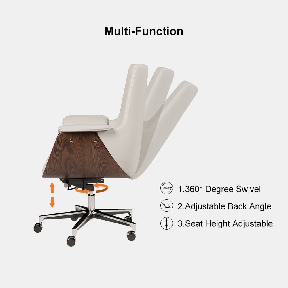 White Leather Modern Home Office Chair Upholstered High Back Desk Chair Wood Grain Frame window image