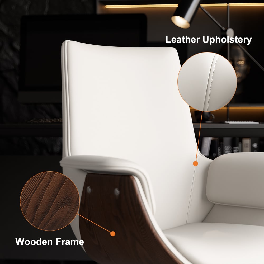 White Leather Modern Home Office Chair Upholstered High Back Desk Chair Wood Grain Frame window image