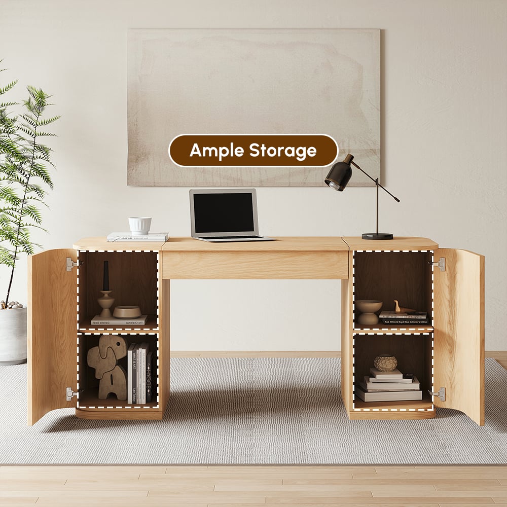 Modern Natural Standing Writing Desk with 2 Doors & Ample Storage Office Desk (59.8" ) window image