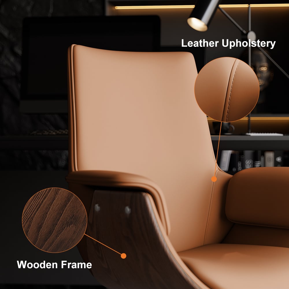 Brown Leather Modern Home Office Chair Upholstered High Back Desk Chair Wood Grain Frame window image