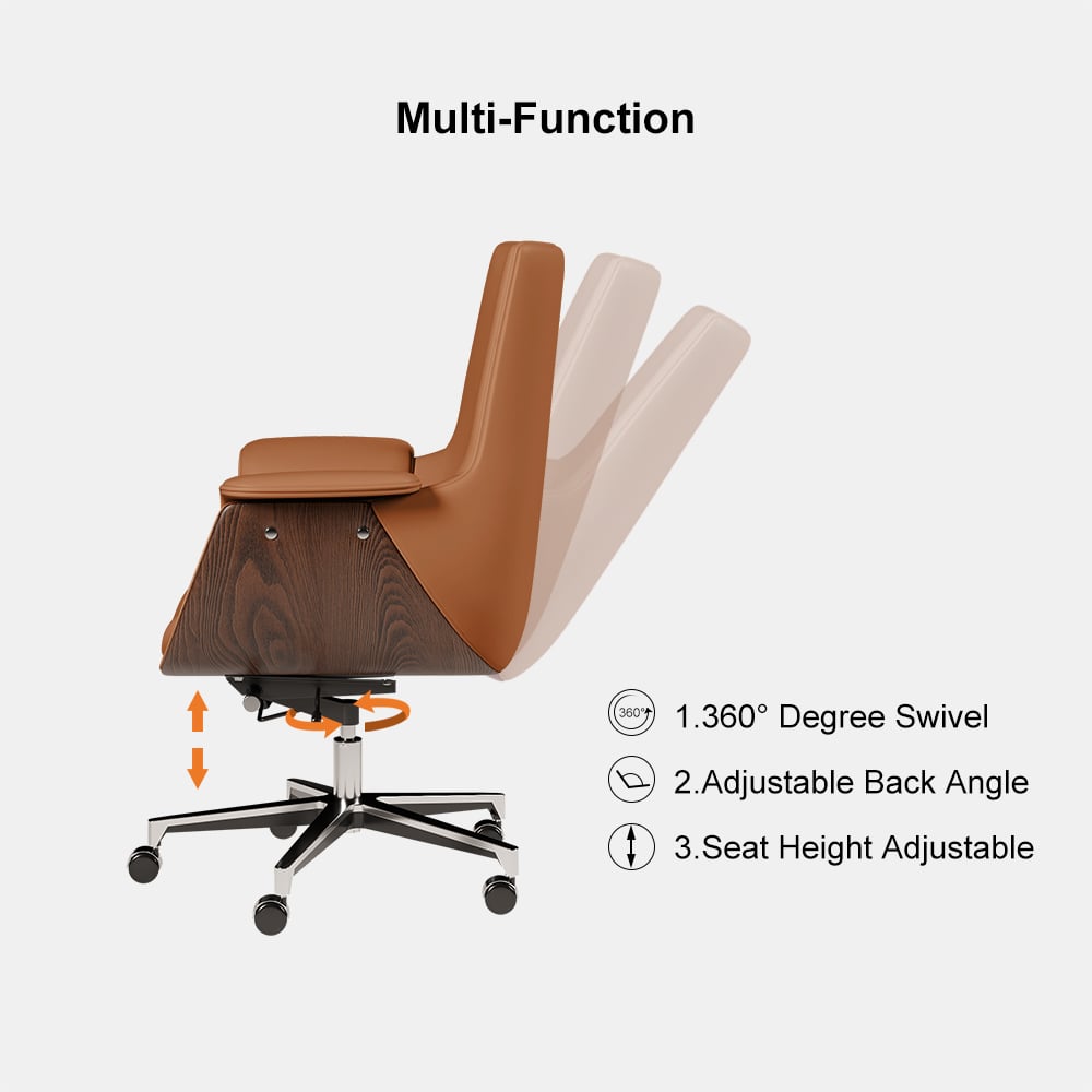 Brown Leather Modern Home Office Chair Upholstered High Back Desk Chair Wood Grain Frame window image