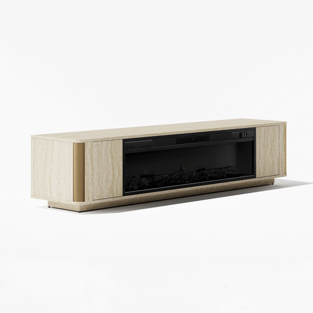 79" Travertine Veneer Fireplace TV Stand with Storage window image
