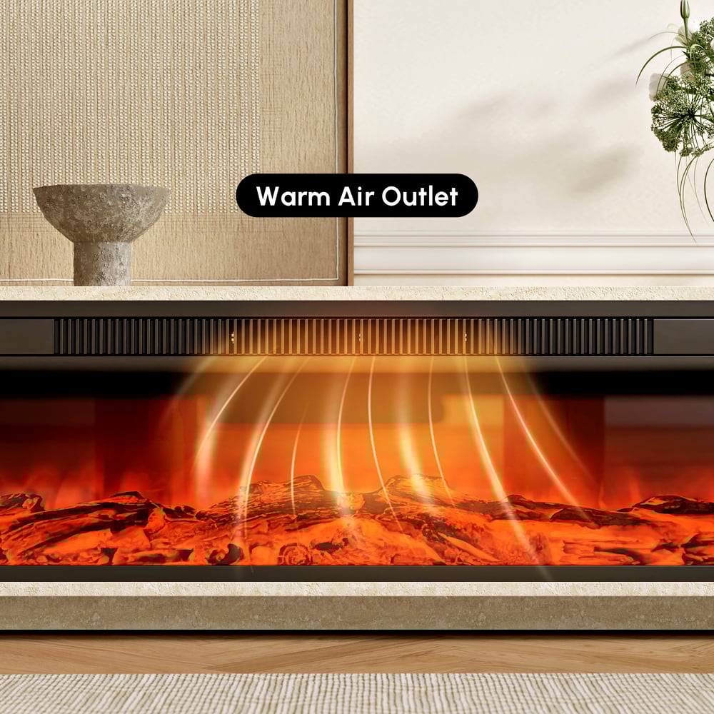 79" Travertine Veneer Fireplace TV Stand with Storage window image