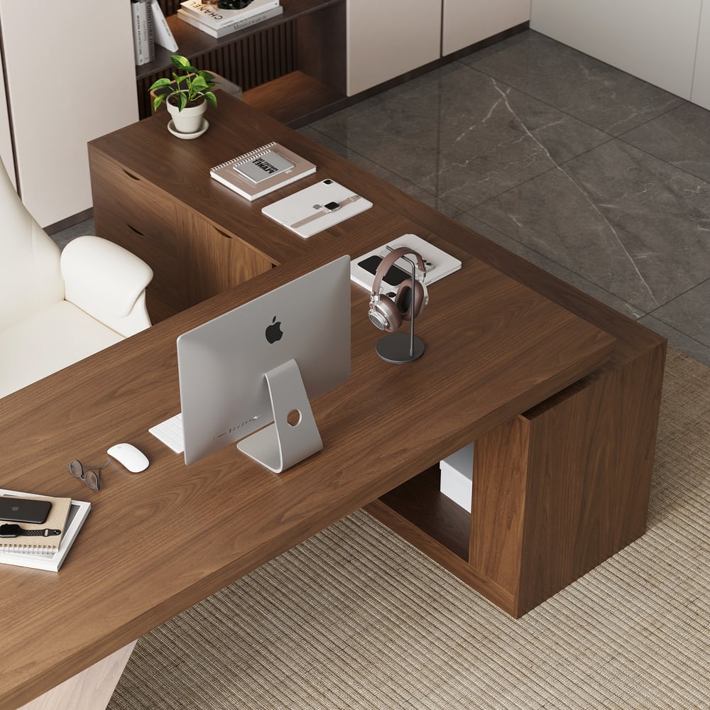 Mesa executiva moderna em forma de L em nogueira com gavetas e armário à esquerda (1800 mm) Imagem da janela