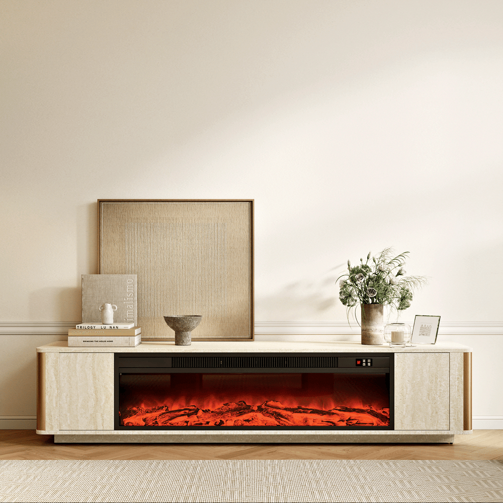 79" Travertine Veneer Fireplace TV Stand with Storage window image