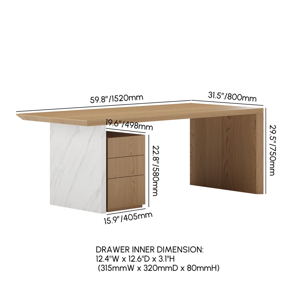 Modern White & Natural Home Office Desk with Movable File Cabinet (59.8") weights dimensions image