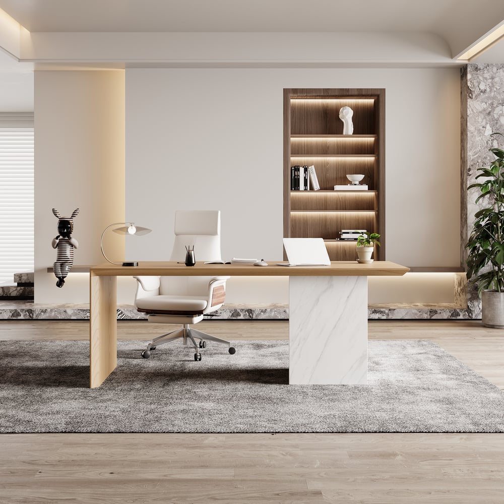 Modern White & Natural Home Office Desk with Movable File Cabinet (59.8") window image