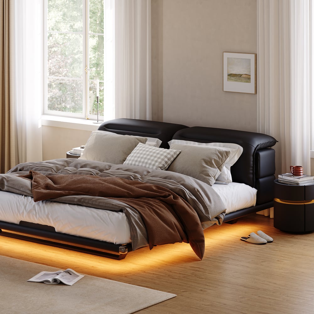 Modern King Size Floating Bed Frame with Light & Adjustable Headboard window image