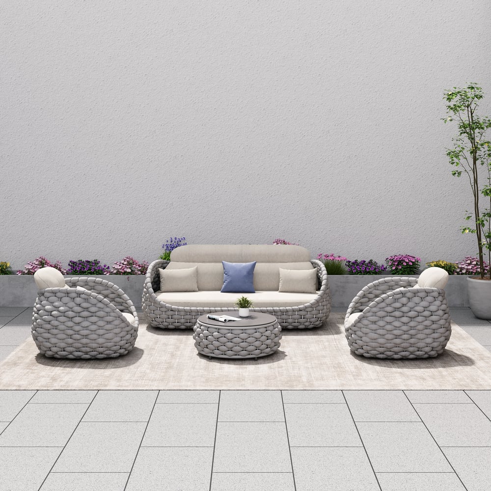 Tatta 4 Pieces Woven Rope Outdoor Swivel Sofa Set 360 Degree Rotatable with Coffee Table window image