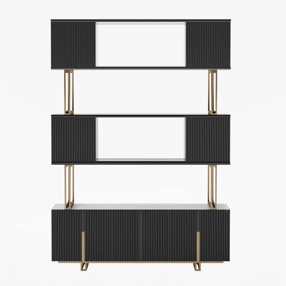 Glossy Black Sliding Door Etagere Bookshelf 5-Shelf Tall Book Shelf Rich Storage-170cm window image