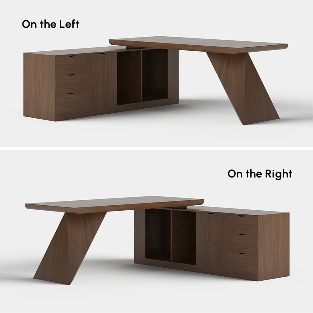 Tiroirs de bureau de direction modernes en forme de L en noyer et armoire droite (1800 mm) image de fenêtre