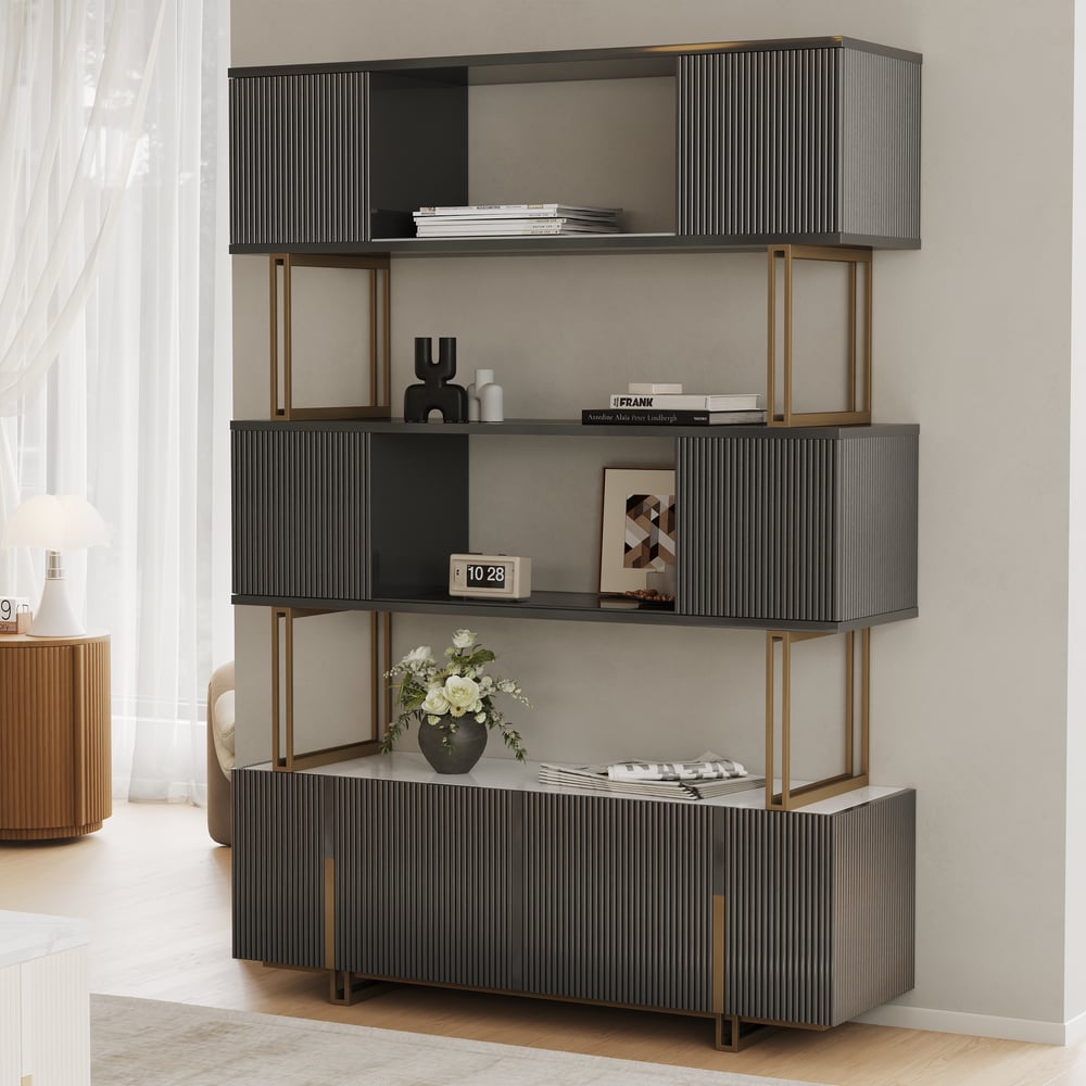 Glossy Black Sliding Door Etagere Bookshelf 5-Shelf Tall Book Shelf Rich Storage-170cm window image