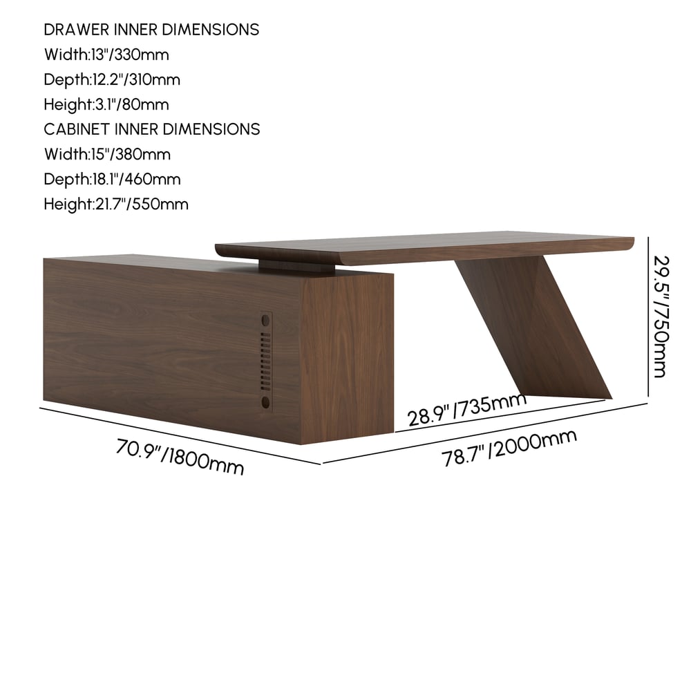 Tiroirs de bureau de direction modernes en forme de L en noyer et armoire droite (1800 mm) Poids, dimensions, image