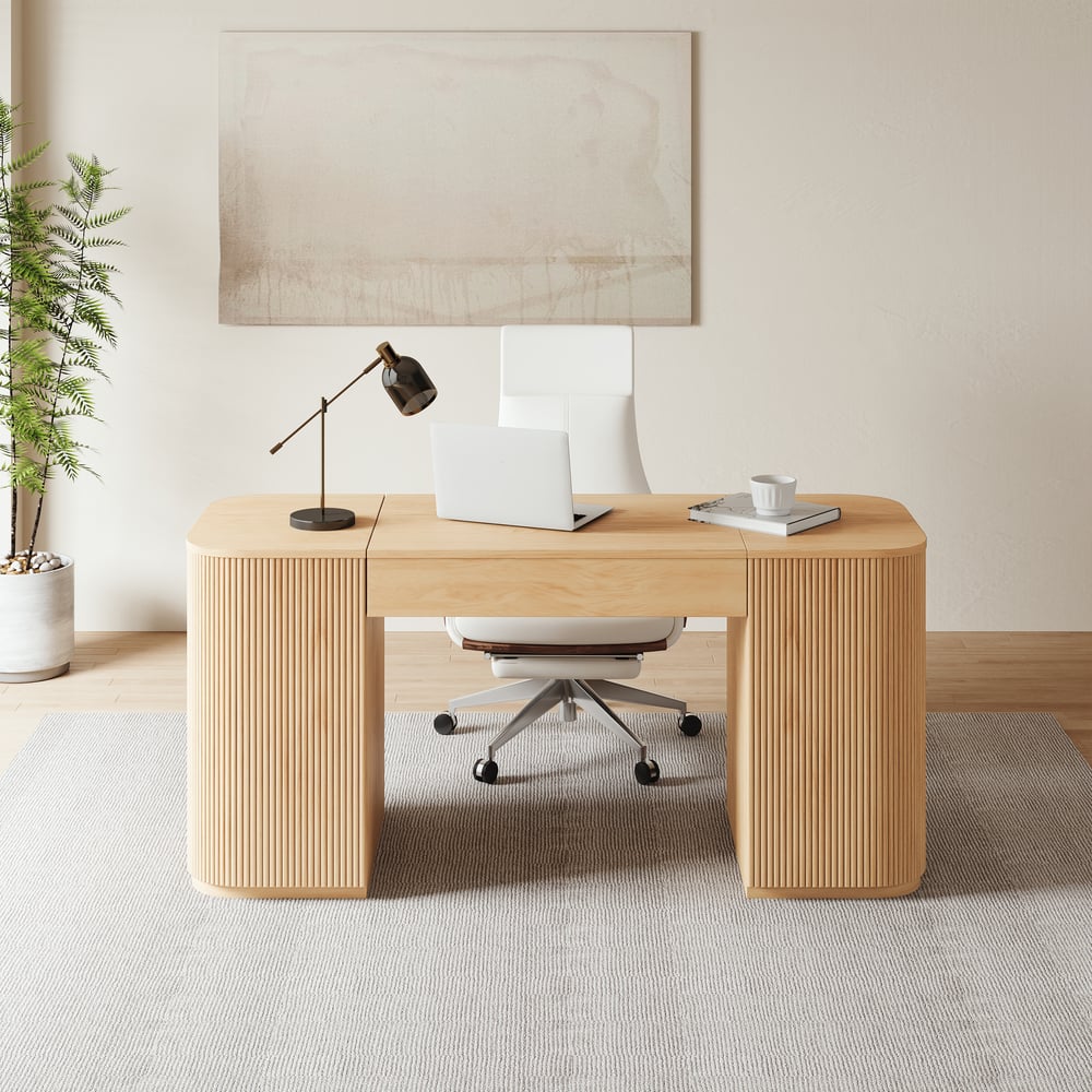 Modern Natural Standing Writing Desk with 2 Doors & Ample Storage Office Desk (59.8" ) window image