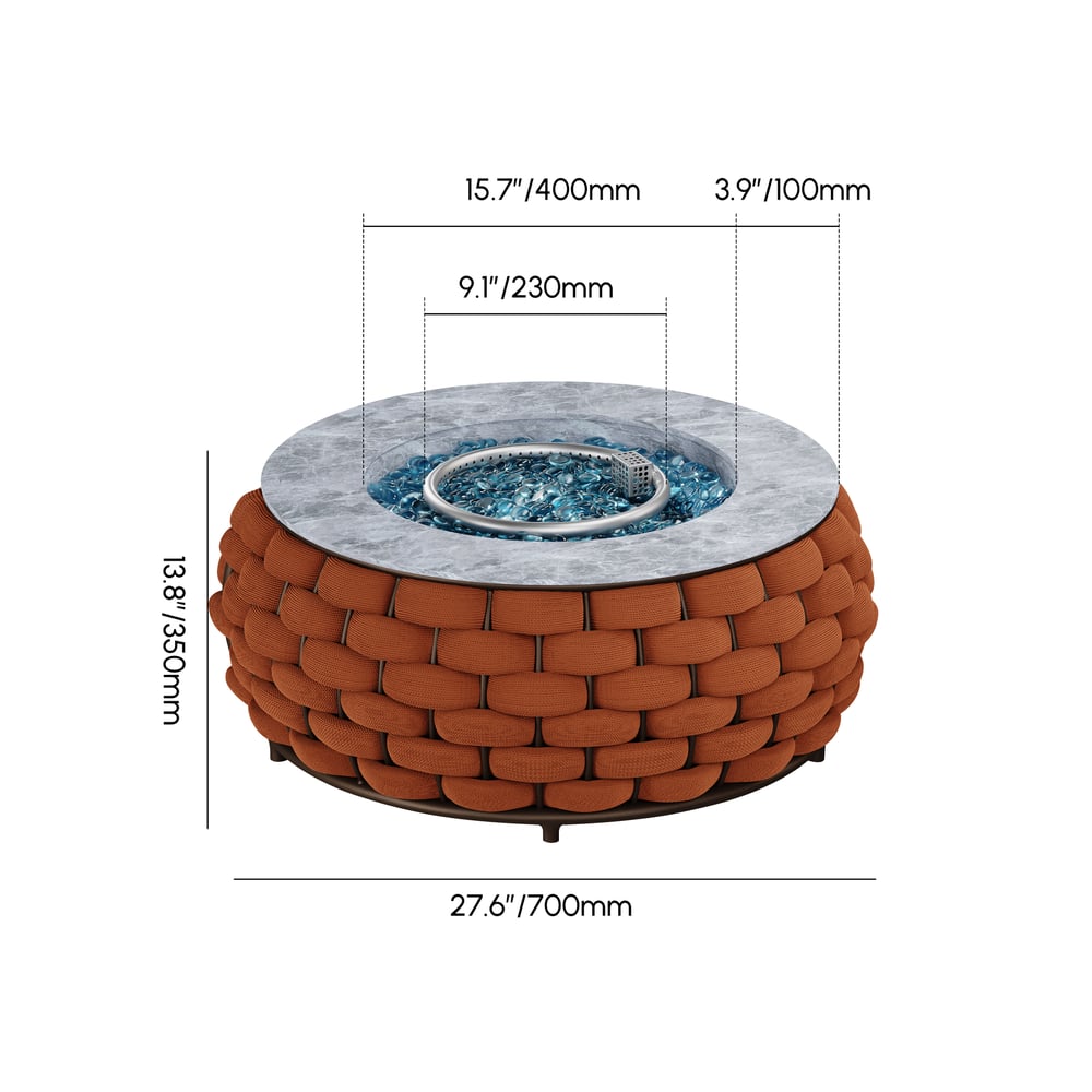 Tatta Weave Round Smokeless Propane Fire Pit in Orange weights dimensions image