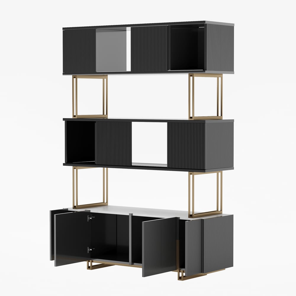 Glossy Black Sliding Door Etagere Bookshelf 5-Shelf Tall Book Shelf Rich Storage-170cm window image