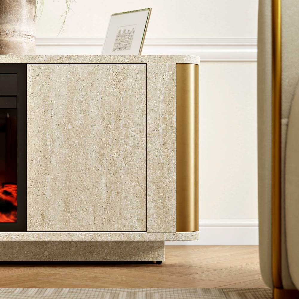 79" Travertine Veneer Fireplace TV Stand with Storage window image