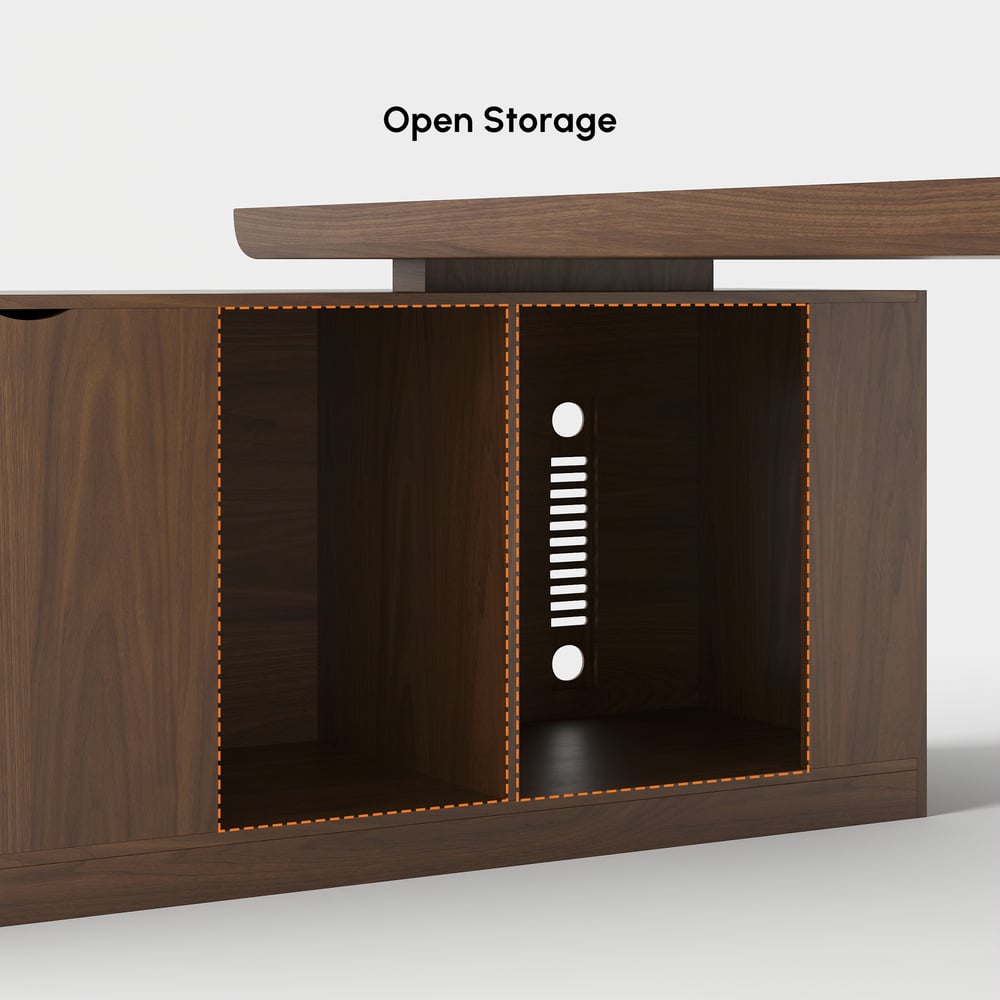 Mesa executiva moderna em forma de L em nogueira com gavetas e armário à esquerda (1800 mm) Imagem da janela