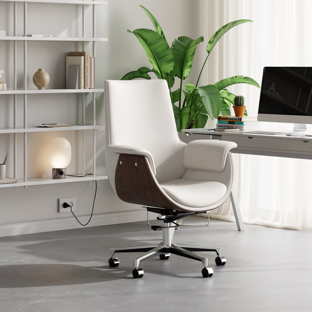White Leather Modern Home Office Chair Upholstered High Back Desk Chair Wood Grain Frame window image