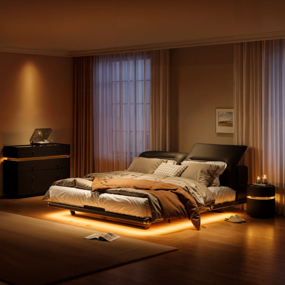Modern King Size Floating Bed Frame with Light & Adjustable Headboard window image