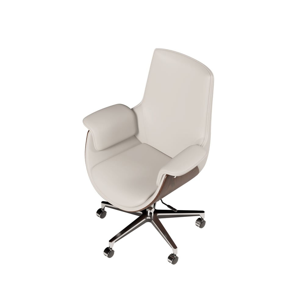 White Leather Modern Home Office Chair Upholstered High Back Desk Chair Wood Grain Frame window image