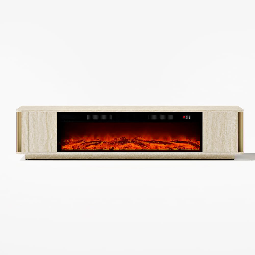 79" Travertine Veneer Fireplace TV Stand with Storage window image