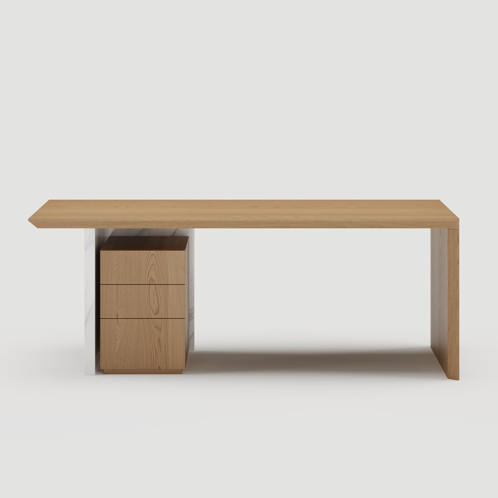 Modern White & Natural Home Office Desk with Movable File Cabinet (59.8") window image